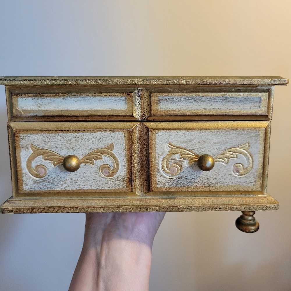 Vintage Farrington Wood Jewelry Box Musical Gold-tone Finish Japan Needs Repair!
